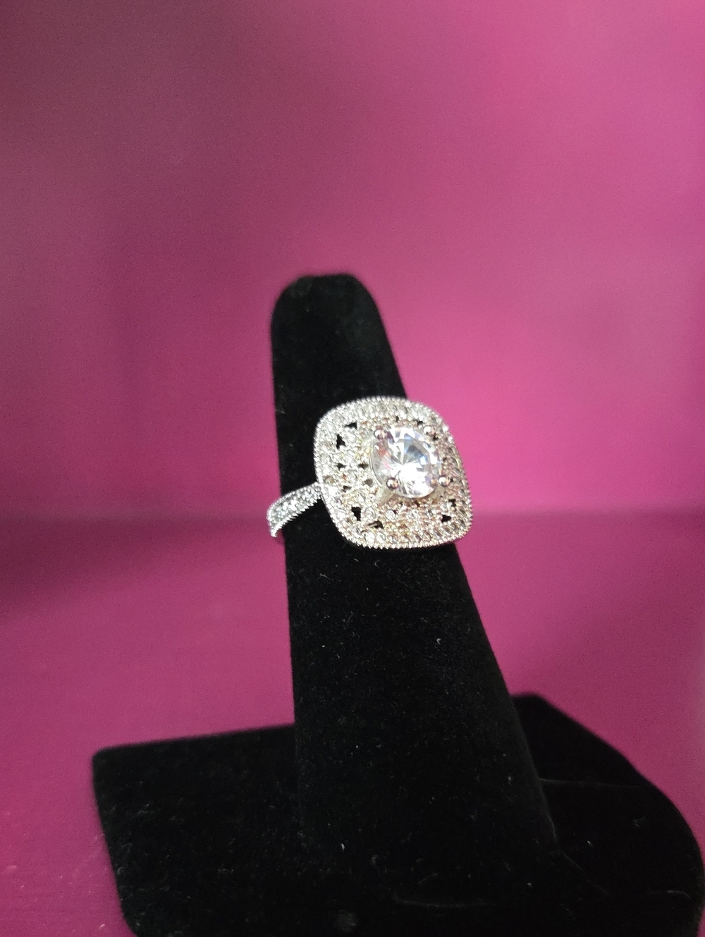 Vintage Sterling Silver & Cz Halo Cushion Ring Size 5.25